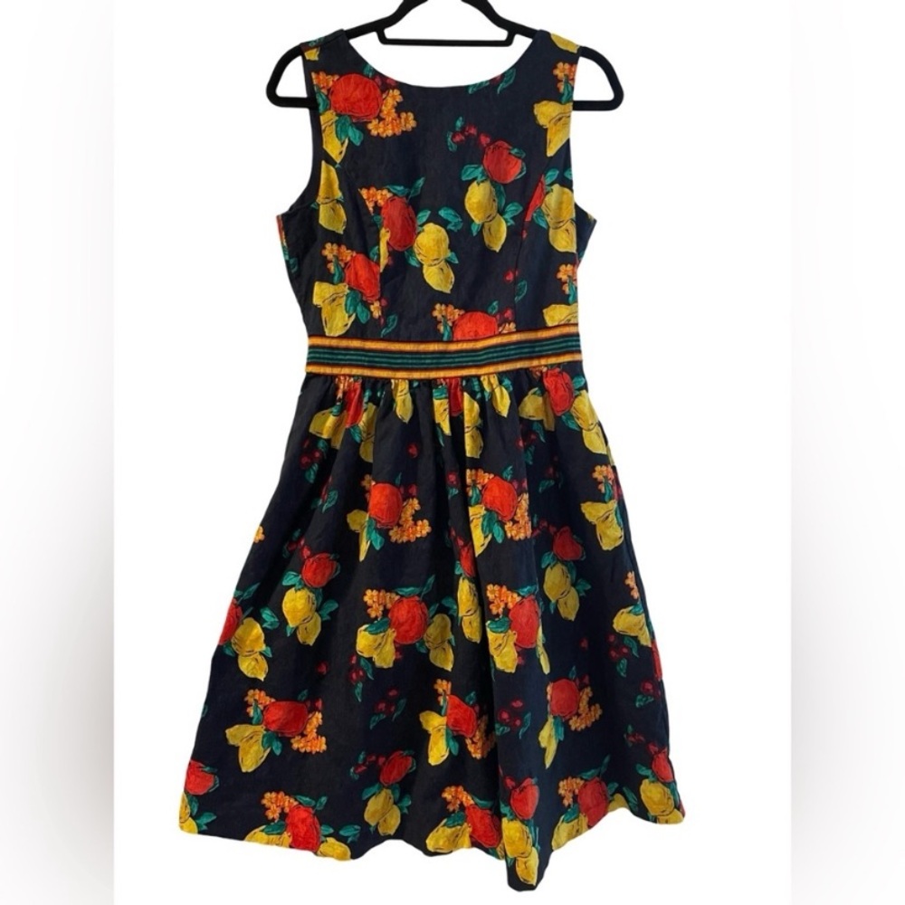 Eva Mendes Lemon/Apple Print Fit and Flare Midi Dress Size 10